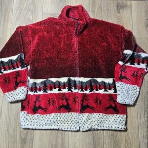 VTG‎ Cobblestone Canyon Jacket Med Fleece Reindeer Red Black Full Zip Winter USA